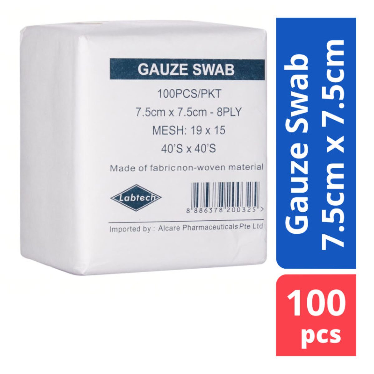 Labtech Gauze Swab 8ply 7.5cm x 7.5cm, 100pcs - Alcare